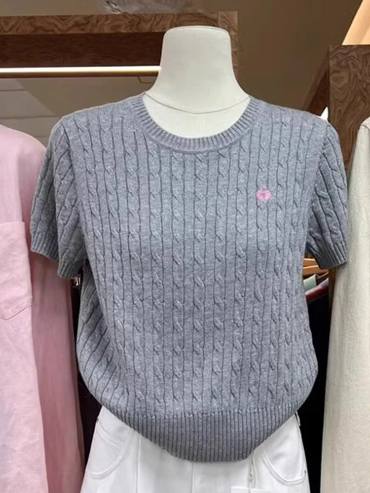 

round Ne Overhead Pure Color Embroidery Striped Knitwear Summer New Small Design Sense Top Commute Faion ort Sve