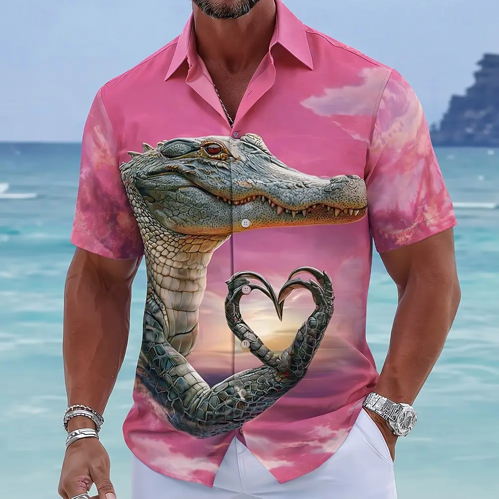 Men's Tropical Crocodile Heart Print Shirt, Exotic Vacation Style Shirt for Summer Beach, Pool Party, Travel & Daily Look