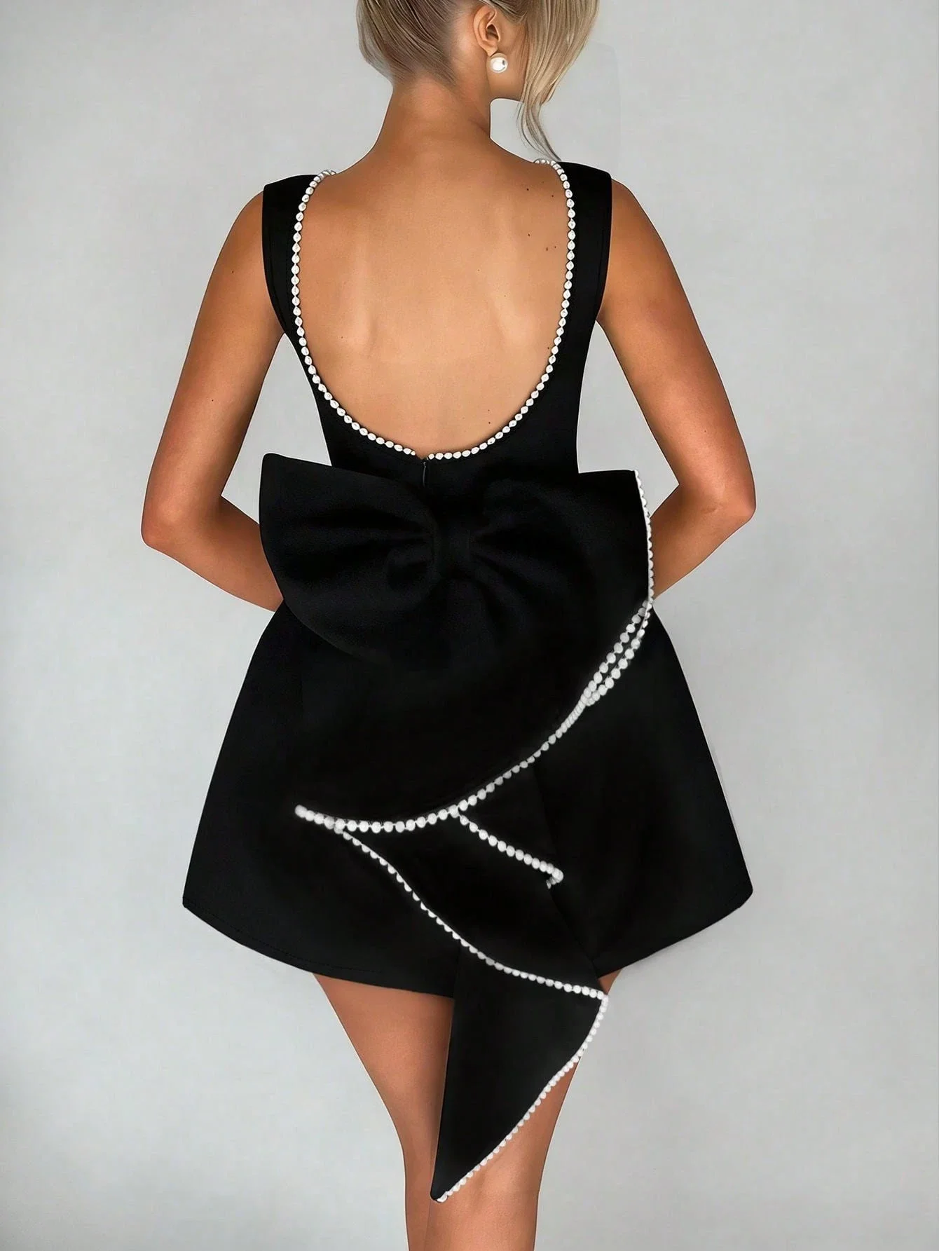 

Женское черное короткое платье с бантом и декором из искусственного жемчуга, элегантное платье для вечеринки
