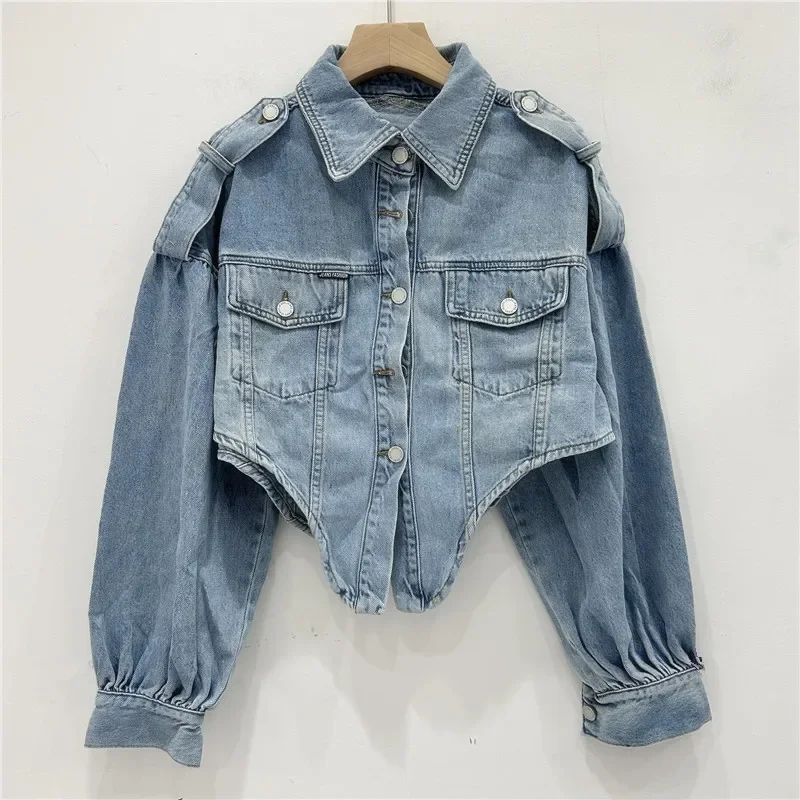 Frühling Herbst Unregelmäßigen Saum Dünne Kurze Denim Jacke Grau Blau Revers Einreiher Langarm Weibliche Jeans Jacke Grundlegende mantel