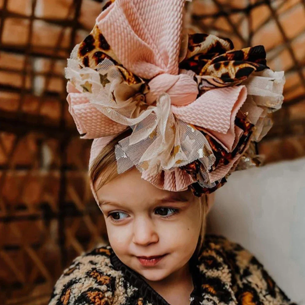 Baby Oversized Bow Headband Leopard Mesh Bowknot Wide Turban Newborn Headwear Newborn Big Hairbow Hairband Baby Bows Headwrap