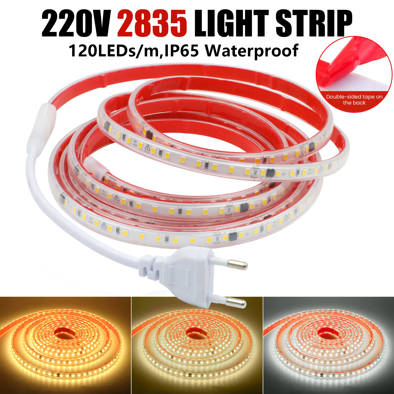 

IP65 Waterproof Adhesive 220V LED Strips SMD 2835 120LEDs/m Flexible LED Strip Ribbon Outdoor Garden Lights 0.5m 10m 20m 30m 40m