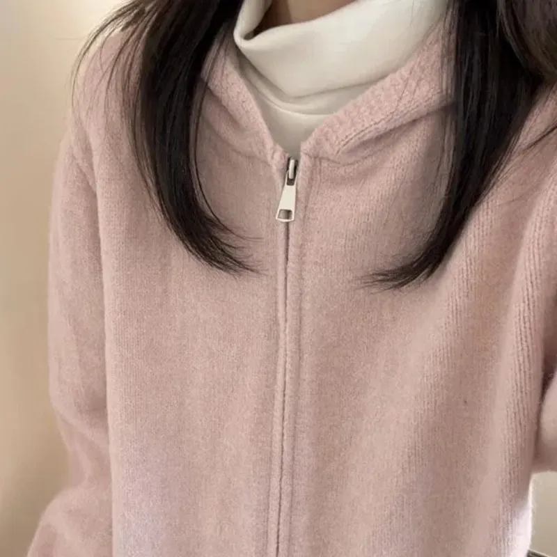 Lazy Style Women Hooded Zip Up Knit Cardigan Early Autumn Loose Soft Sweater Jacket S XL