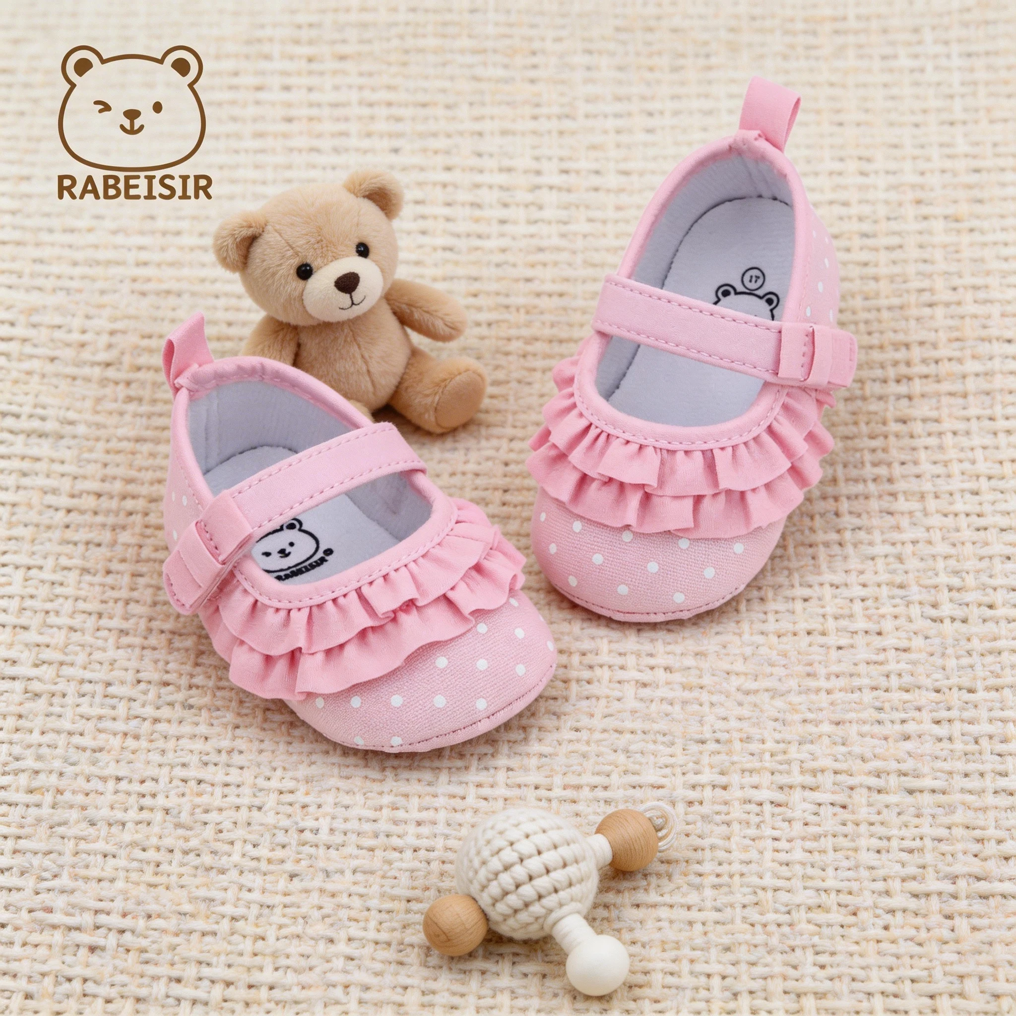0-18 Months Baby Girl Mary Jane Shoes, Pink Polka Dot Ruffle Trim, Velcro Soft Sole Baby Walking Shoes