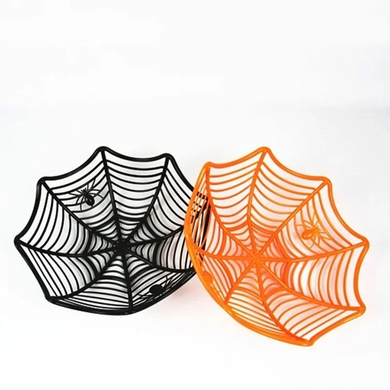 2026 Halloween Spider‑Web Design Candy Bowl Black Orange Plastic Fruit Plate Snack Storage Basket Home Party Decor Accessory