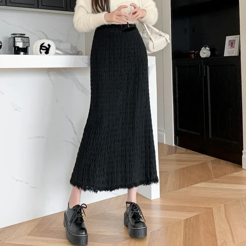 Elegant Mid Length Skirts Women Streetwear Korean Fashion Clothes Faldas Largas Autumn Winter Knitted Black Long Bodycon Skirt