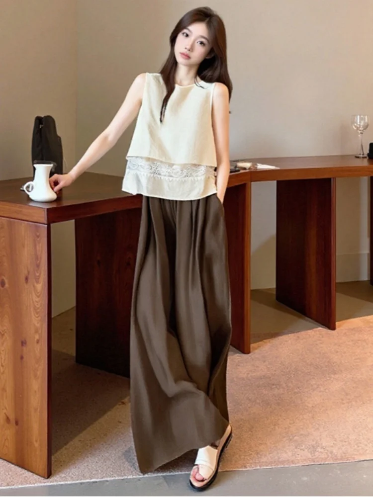 

SMTHMA French Retro Style Set For Women 2025 Summer O-Neck Sleeveless Cotton and Hemp Lace Vest Wide Leg Pants Two Piece Set