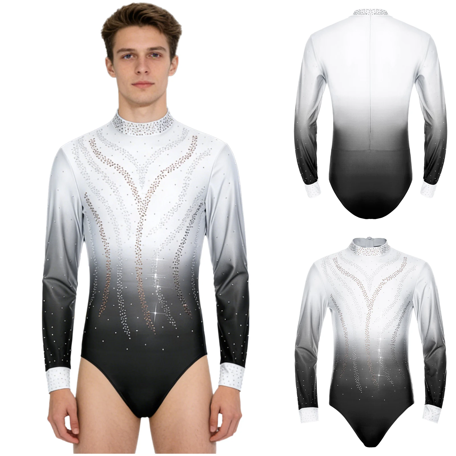 

Mens Figure Skating Acrobatics Gymnastics Jumpsuit Costume Gradient Color Shiny Rhinestones Long Sleeve Ballet Dance Leotard