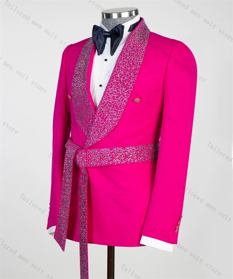 Conjunto de terno masculino com cristais rosa, 2 peças, blazer com cinto + calça, jaqueta formal de escritório, casaco de algodão, calças, noivo, casamento, smoking