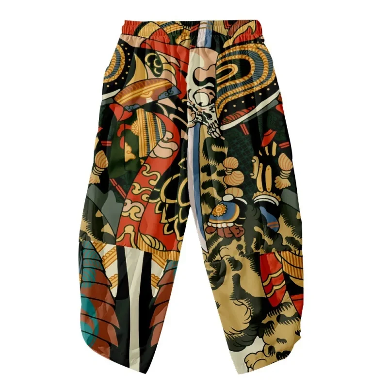 Cartoon Tiger Skeleton Printed Men Japanese Harem Trousers Casual Elastic Waist Kimono Cropped Pants Streetwear