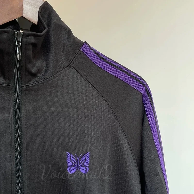 24ss Classic Butterfly Embroidery Nee dles Purple Stripes Jackets Men Women 1:1 Casual AWGE Black Jacket With Tags