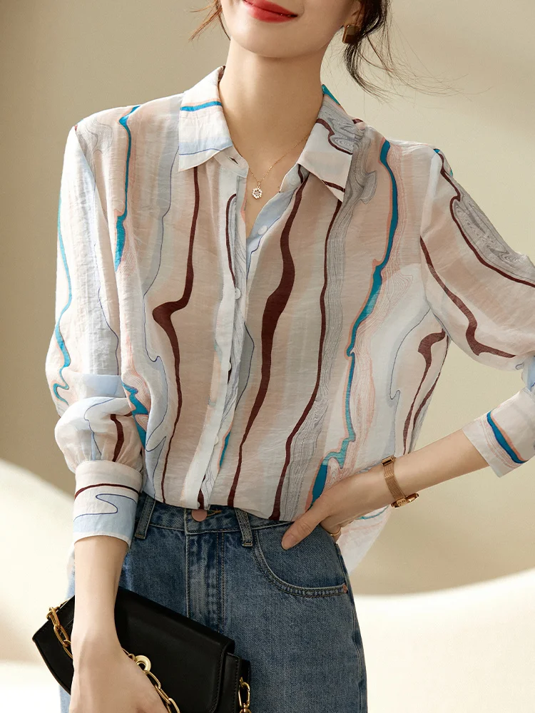 SENTUBILA Thin Sheer Printed Blouses Office Lady Chiffon Shirts Turn-down Collar Long Sleeve Womens Tops and Blouses Q23C44421