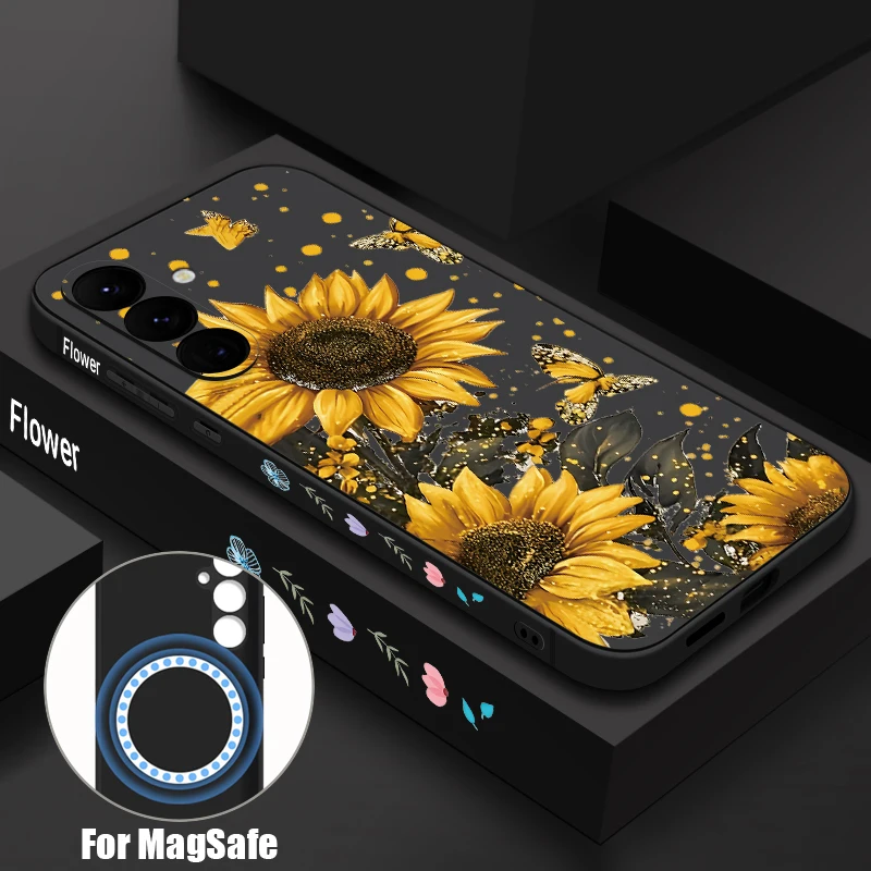 Sunflower Patterned Magnetic Phone Case For Samsung Galaxy S26 S25 S24 Ultra S23 S22 Plus S25 S24 S23 FE Soft TPU Lanyard cover