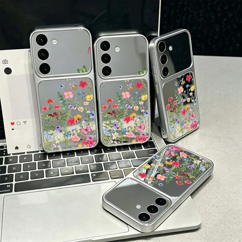 Aesthetic Floral Butterfly Makeup Mirror Phone Case for Samsung Galaxy S26 S25 S24 S23 Ultra A57 A56 A55 A54 A36 A35 A32 Cases