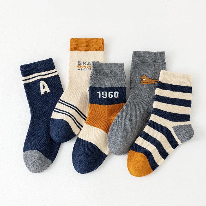 5 Pairs Boys Jacquard  Cotton Crew Socks, Kids Striped Letter Number Pattern Socks Soft Breathable Casual Sport Socks