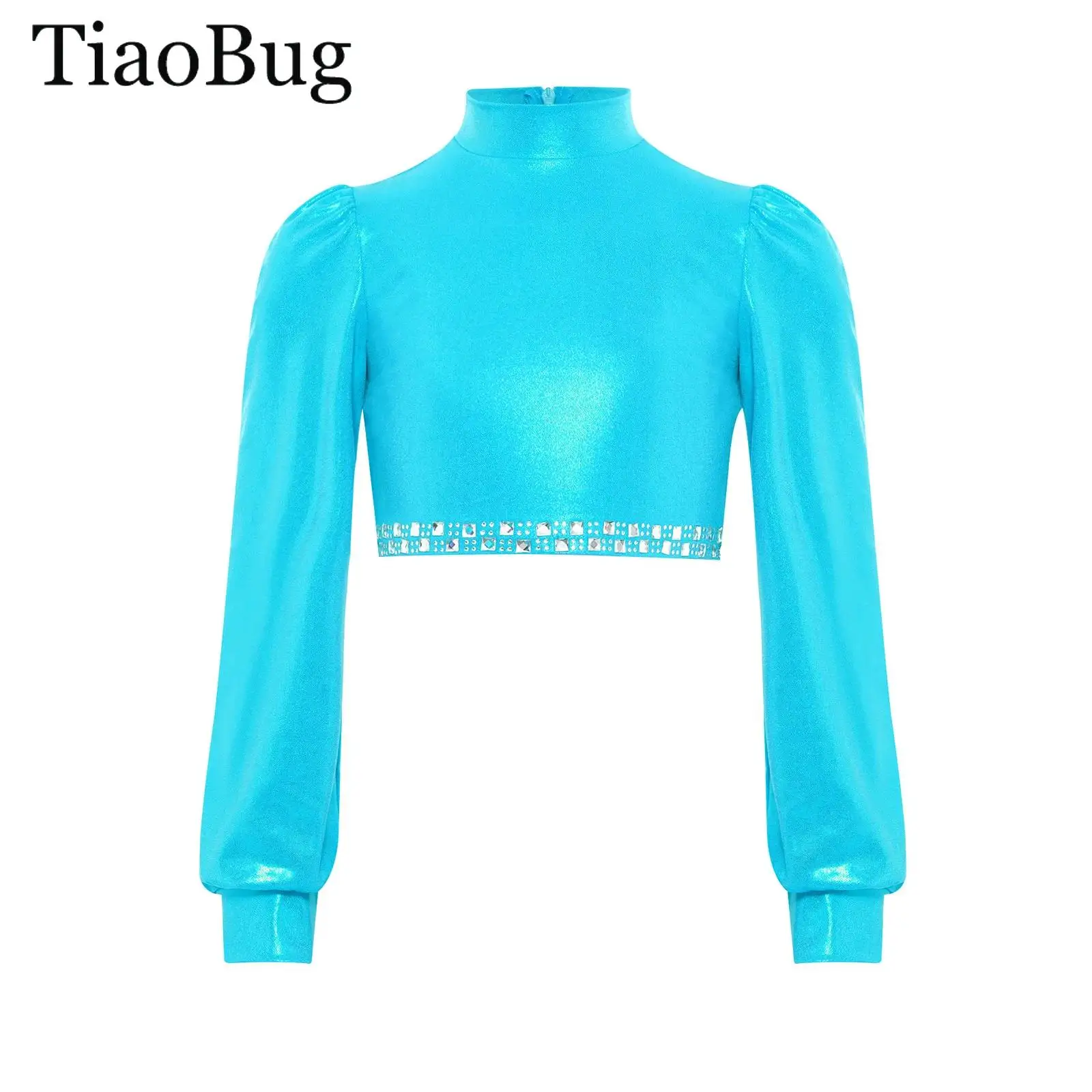 

Kid Girls Hip-hop Jazz Street Dance Performance Costume Long Sleeves Shiny Rhinestones Metallic Crop Tops Dancewear Sportswear