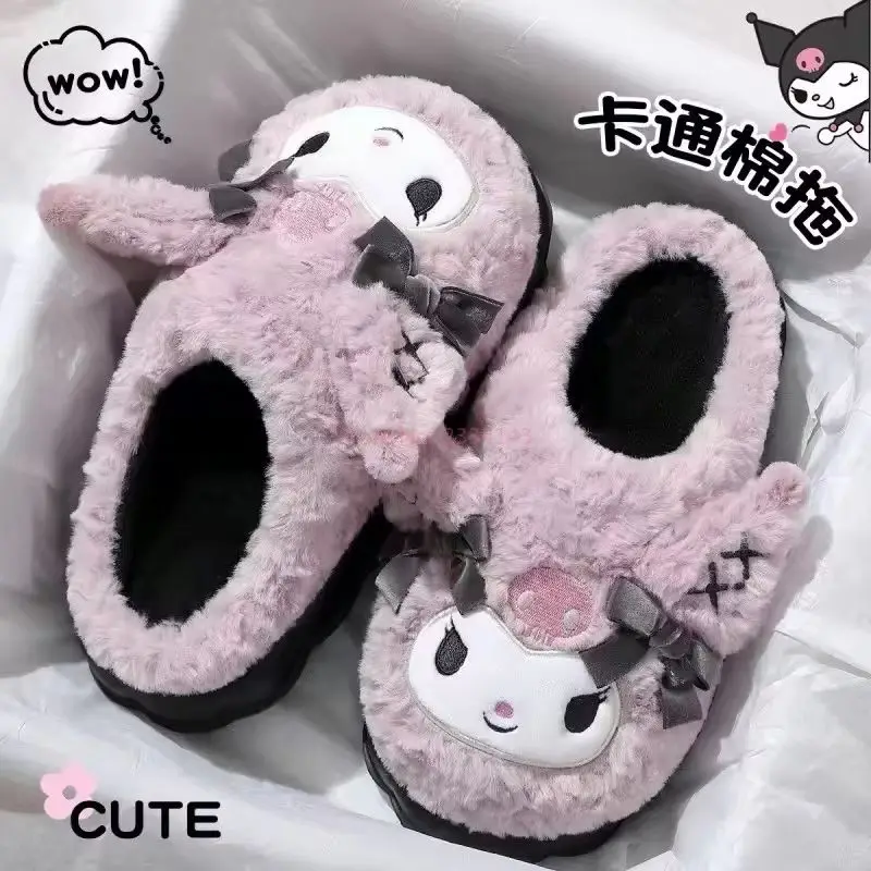 Produk Periferal Kuromi Sandal Katun Untuk Wanita Musim Gugur Dan Musim Dingin Anti Selip Rumahan Sepatu Katun Kartun Lucu Tebal