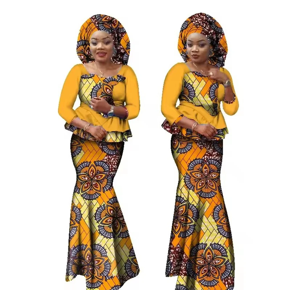 2Pcs Sets Tops and Maxi Long Skirt and Headtie Dashiki Ankara Outfits Gown Plus Size Wedding Party Church Dresses African Clothe