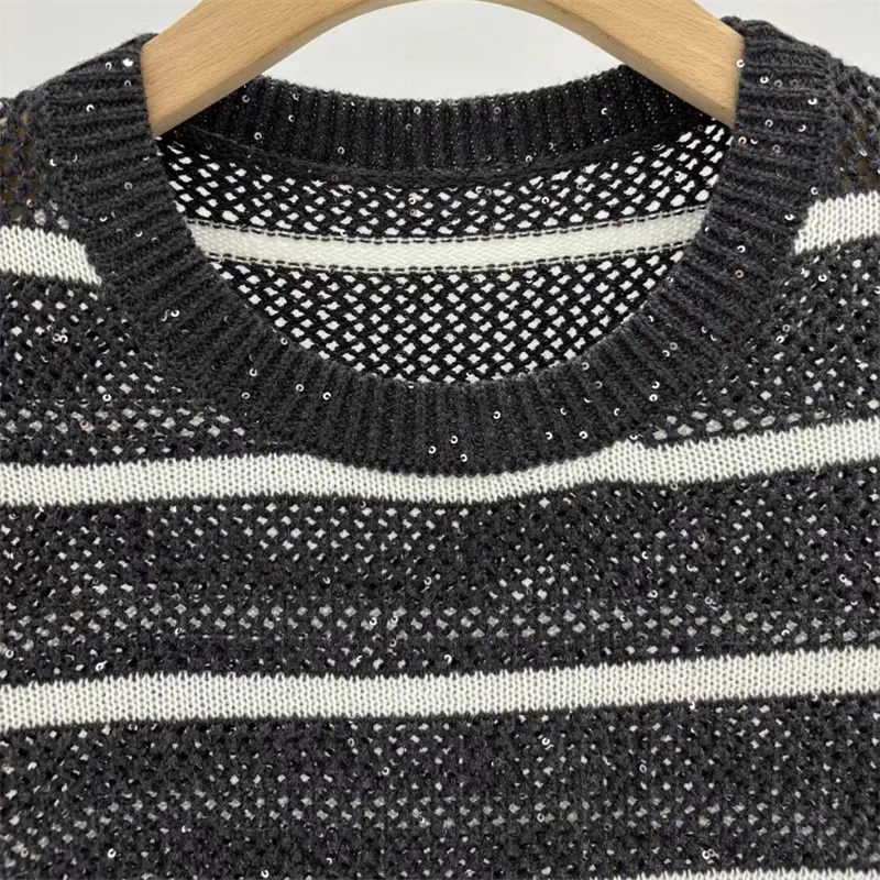 2025년 가을 신상 여성용 스웨터, 신축성 있는 슬림핏 긴팔 상의, 스팽글 혼방 라운드넥 풀오버 스트라이프 니트웨어