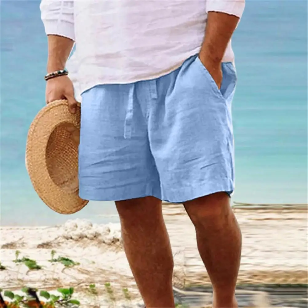 Mid-Rise Elastic Waist Drawstring Men Shorts Pockets Straight Wide Leg Knee Length Short Pants Solid Color Loose Beach Shorts