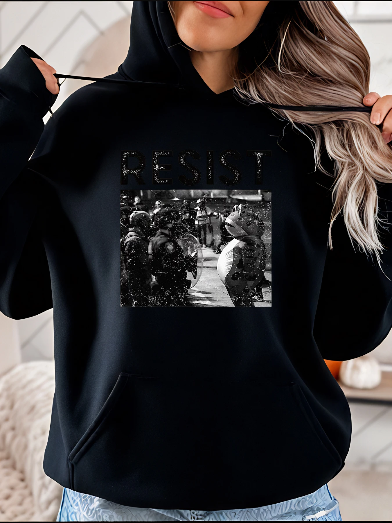 Felpa con cappuccio nera da donna Resist Protest Stampa grafica Felpa streetwear casual da donna 280
