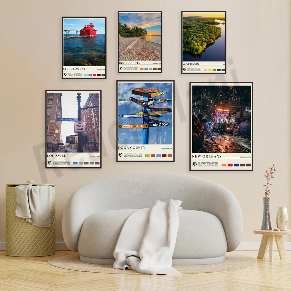 بريستول، خليج ستورجون، ويسكونسن، مقاطعة الباب، ميلووكي، لويسفيل، نبراسكا، مدينة ترافيرس، نيو أورليانز، ملصق السفر الأمريكي