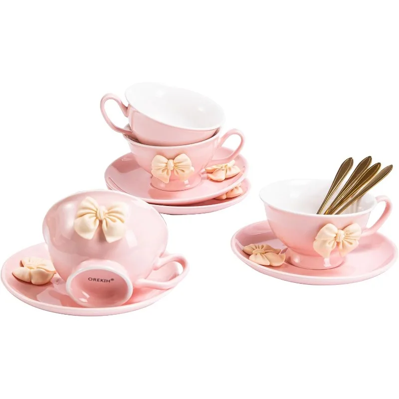 Teacup and Saucer Set, Tea Cups Set of 4, Coffe Cups, Cappuccino Cups, Espresso Coffee Cups, Pink Coffee Mugs, Tea Sets for