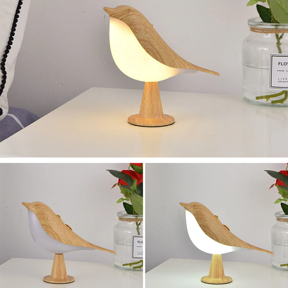 LED Simple Magpie Bedside Lamp Touch Switch Wooden Bird Night Light for Bedroom Table Reading Lamp for Child Kits Gifts