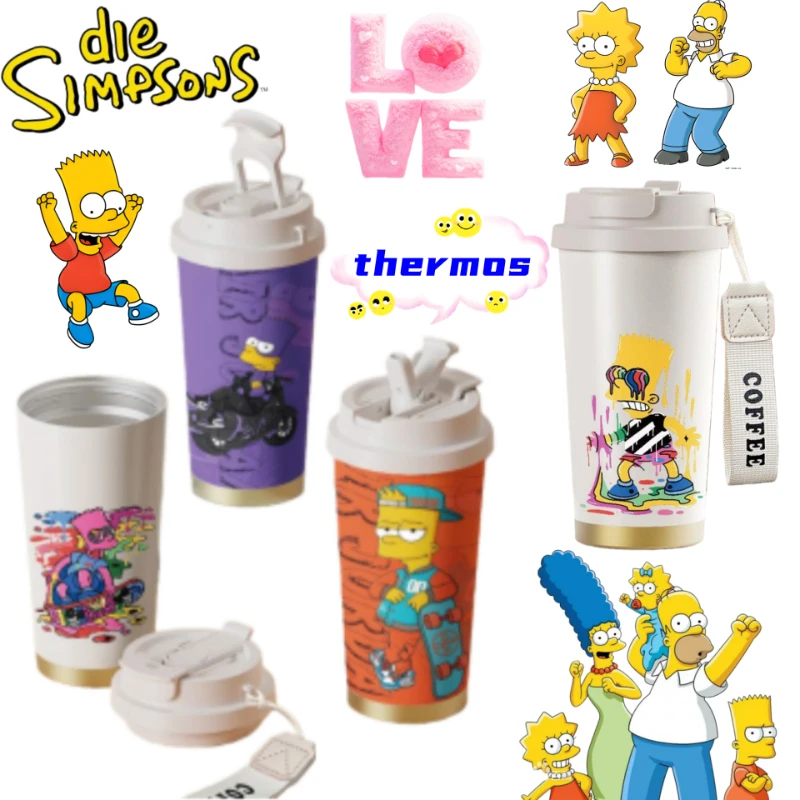 

The Simpsons Bart Lisa Maggie Creative Cartoon Insulated Cup for Men and Women, Car Use Large Capacity Stainless Steel Straw Cup