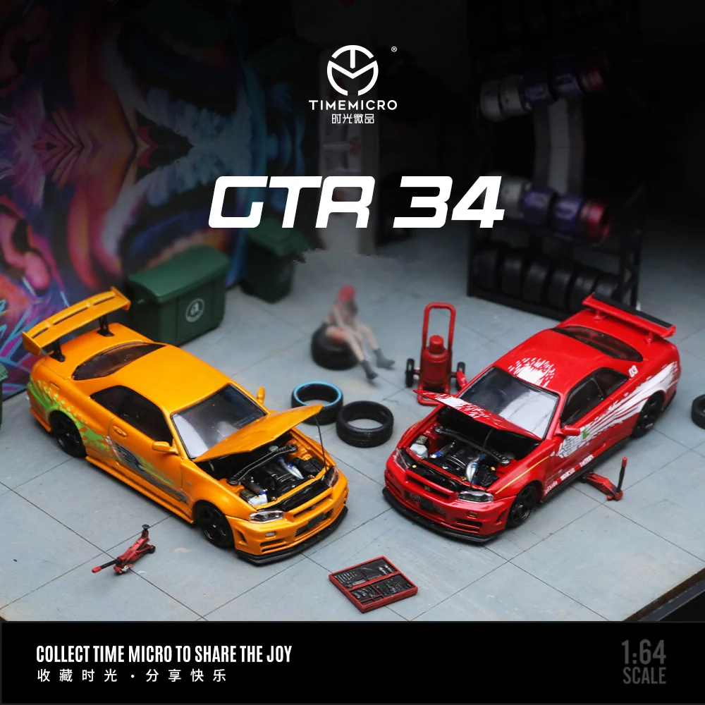 

TIME MICRO 1:64 GTR34 красно-желтая модель автомобиля с открытой крышкой для коллекции, дисплея и подарка