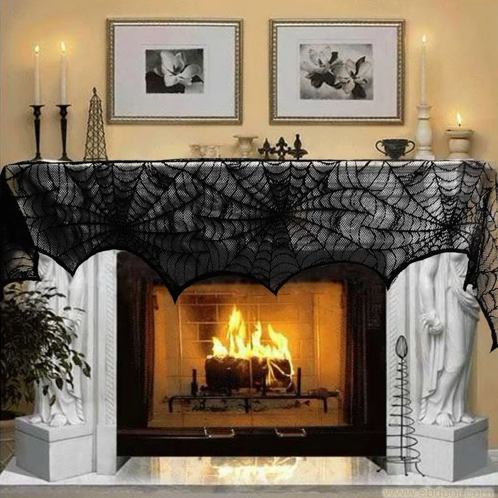 

Black Spider Web Cloth 18x96inch Reusable Fireplace Mantle Scarf Halloween Party Decoration Spiderweb Tablecloth Lace