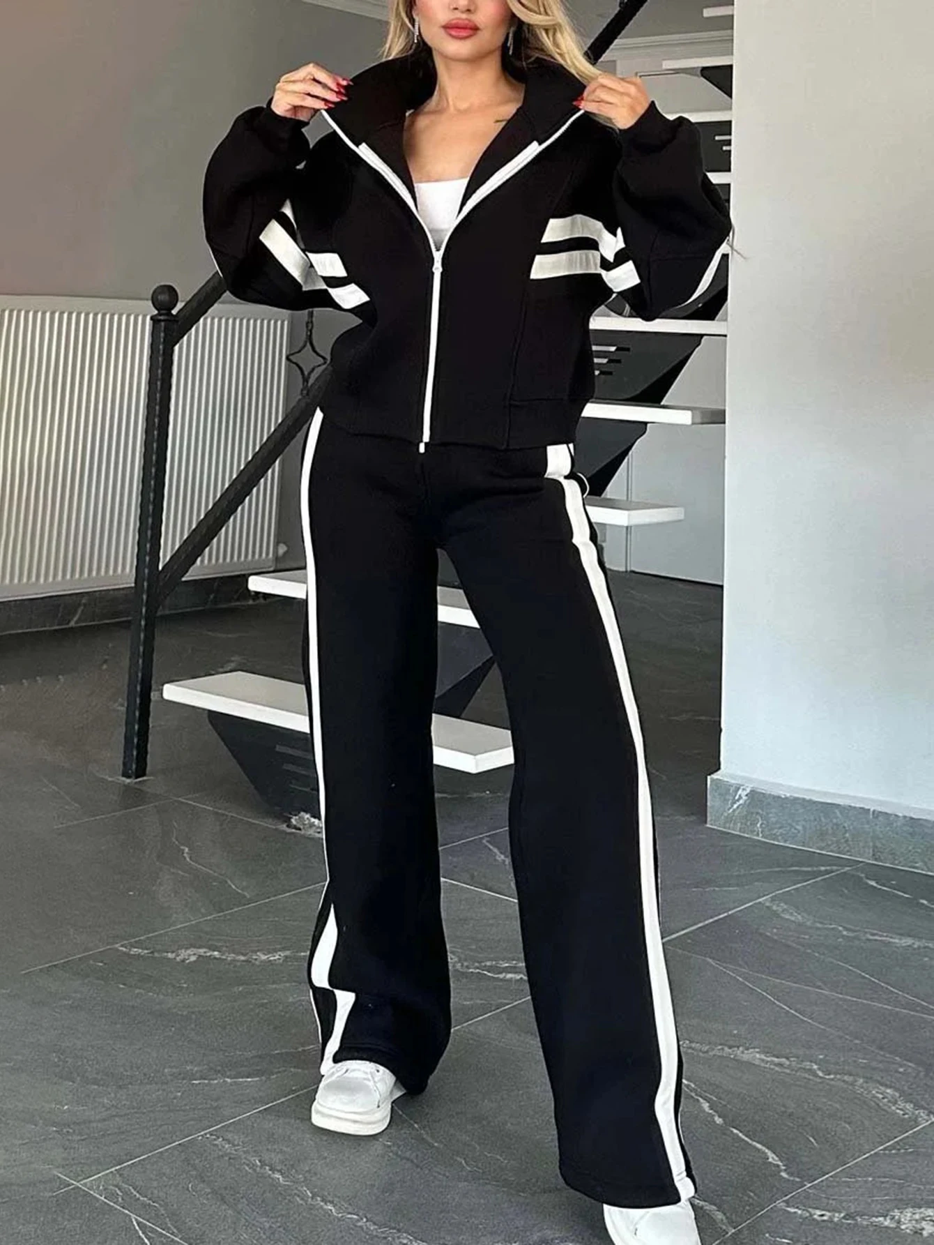 

Women's Sets Autumn Fashion Sporty 2025 Side Stripe Zip Up Long Sleeve Top Straight Full Length Pants Casual Sets