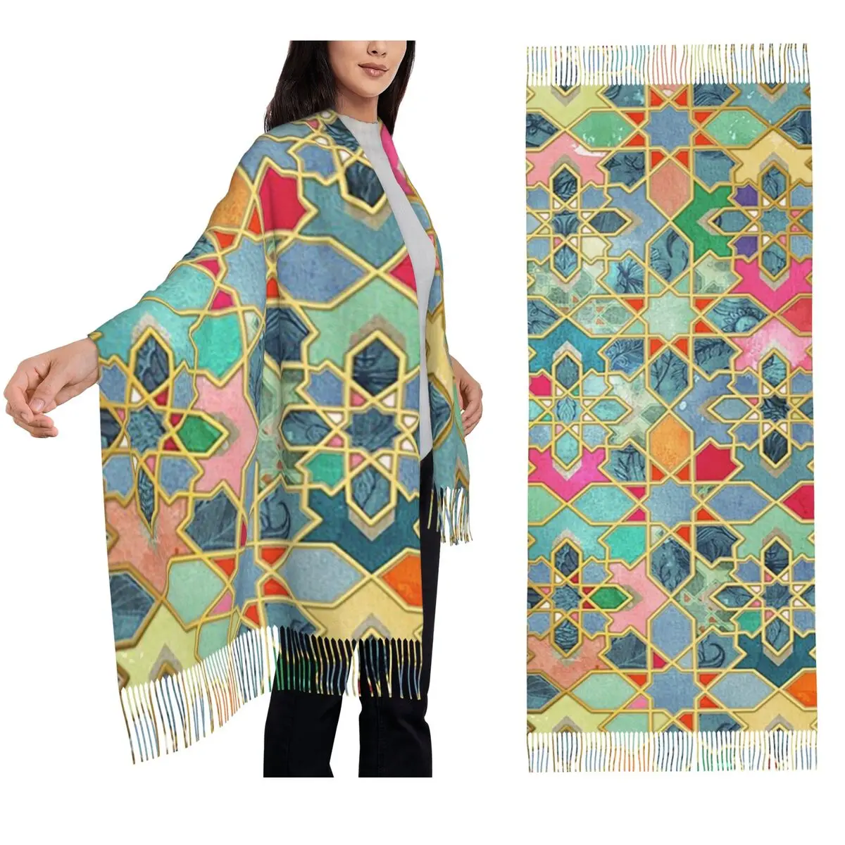 

Gilt And Glory - красочный марокканский мозаичный шарф, шарфы с кисточками для женщин, мягкие теплые шали и накидки, большая осенне-зимняя шаль