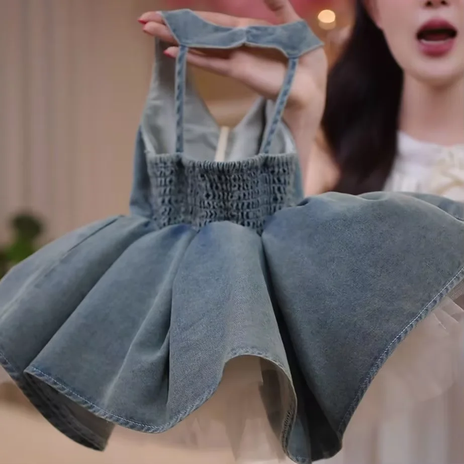 Girls Summer Denim Overall Dress Kids Fashion Princess Tutu Dress Sleeveless Backless pinafore 12M-6Y
