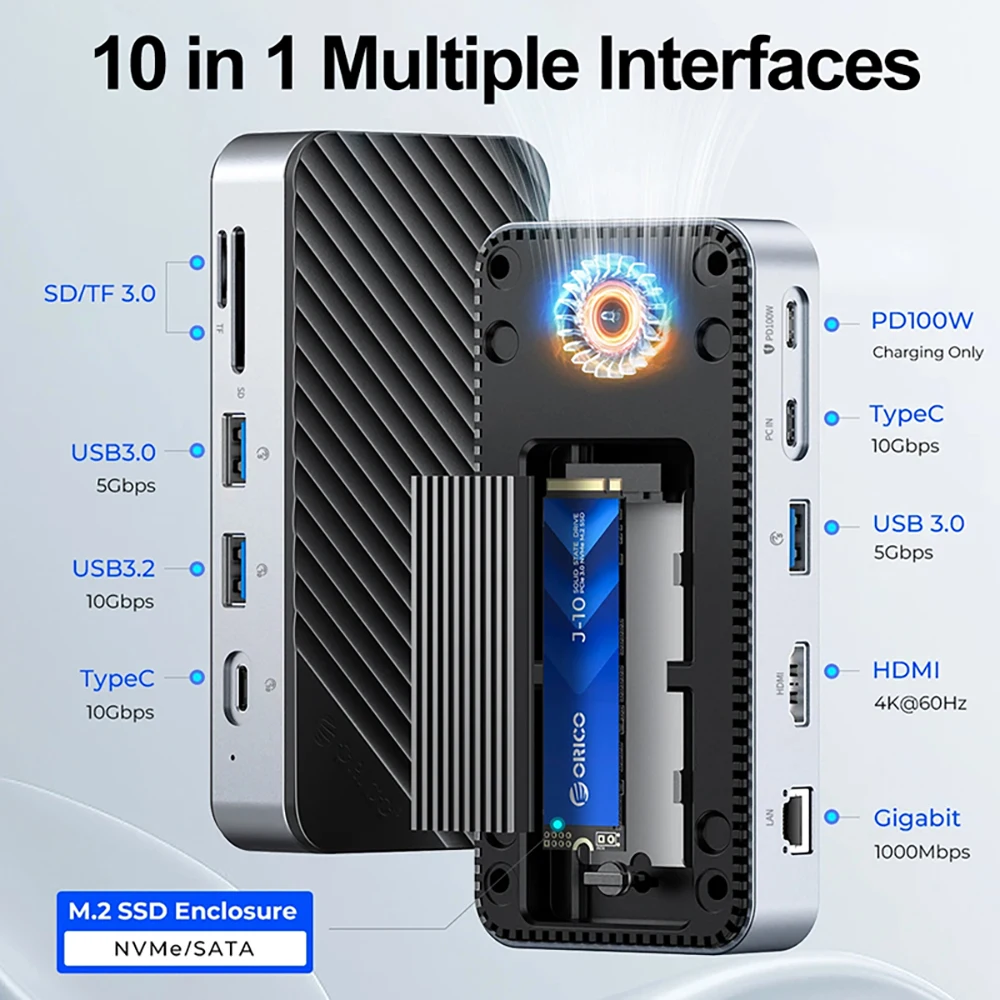 ORICO USB C HDD stasiun Dok dengan kipas pendingin M.2 NVMe SATA SSD penutup 10Gbps PD100W RJ45 SD/TF 4K untuk Laptop Macbook Pro