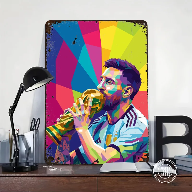 Lionel Messi Kissing Trophy Metal Poster Custom Wall Art Retro Vintage Tinplate Signs for Interior Decoration Living Room Decor