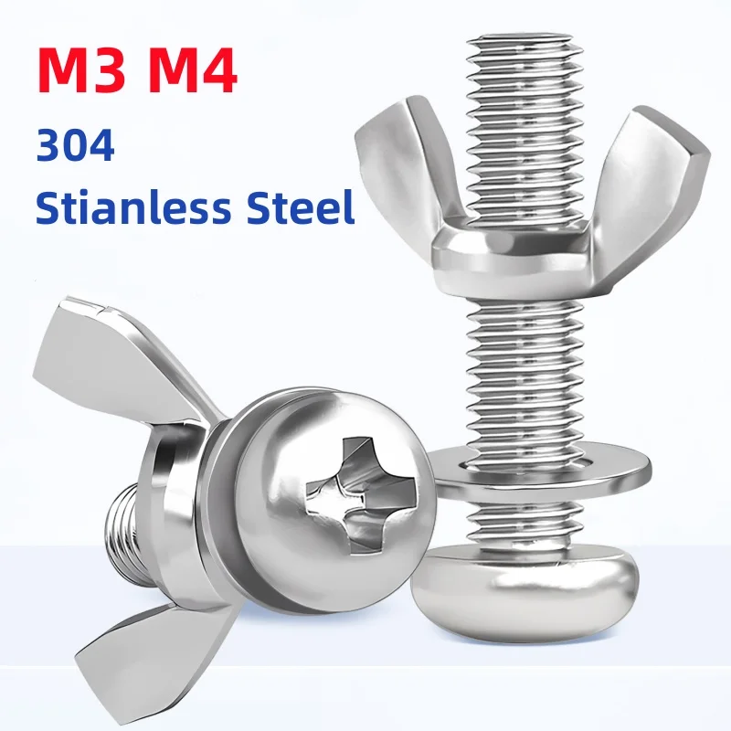M3 M4 304 Stianless Steel Phillips Pan Head Screws With Wing Nuts Washers Cross Round Bolts Butterfly Nut Flat Pad Set