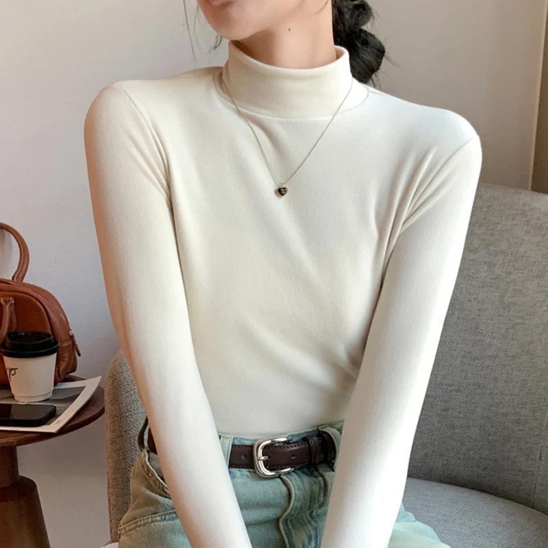 FINETOO Lady Soft Thermal Pile Turtleneck Long Sleeve Top Stretch Slim Fitted Basic Shirts Winter Warm Mock Neck Layer Underwear