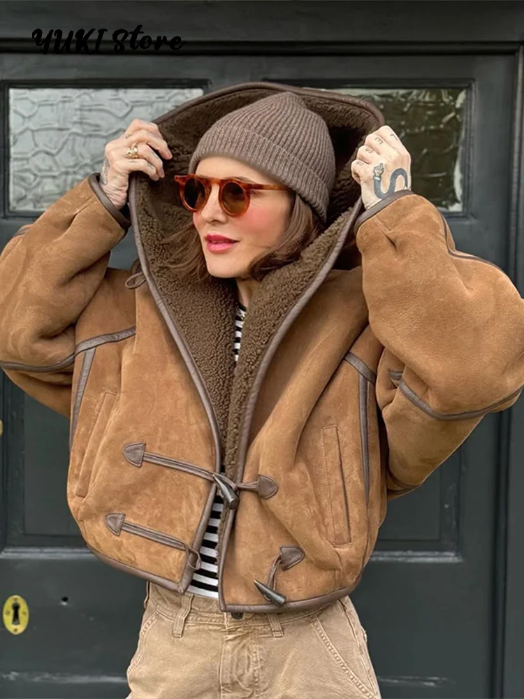 Casual Hooded Spliced Short Coats Women Loose Button Lamb Wool Full Sleeve Jacket Autumn Winter Warm Thicken Outwear