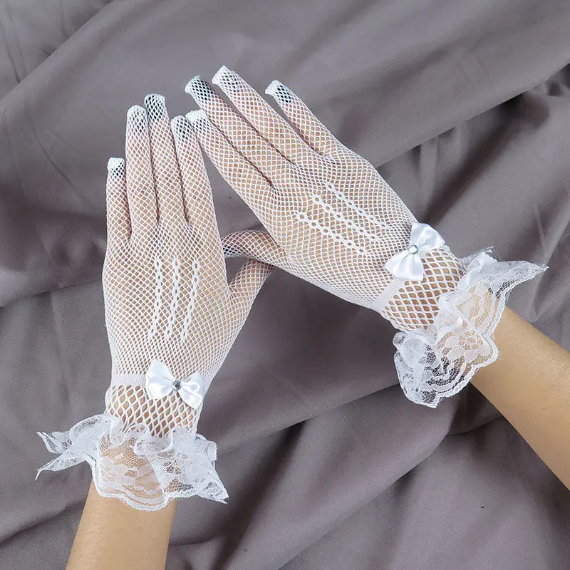 Elegant Ladies Short Lace Gloves Sheer Fishn Net Black White Prom Party