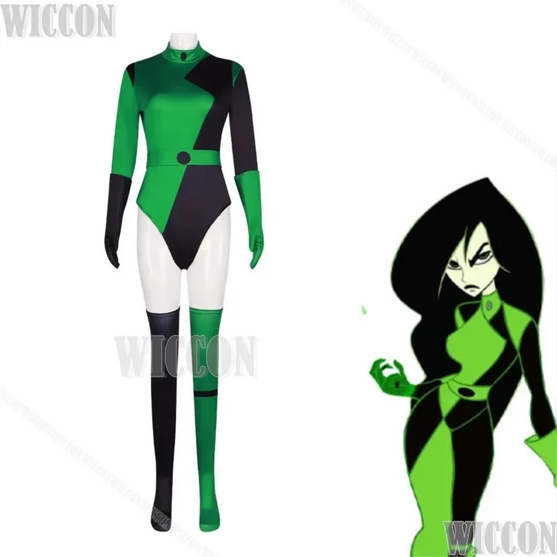 Shego-Disfraz de Cosplay, mono verde para niños de 110-150CM, guantes de talla S-3XL para adultos, cinturón, traje para mujer y niña, Carnivk de Halloween;3,c'5.b;8'