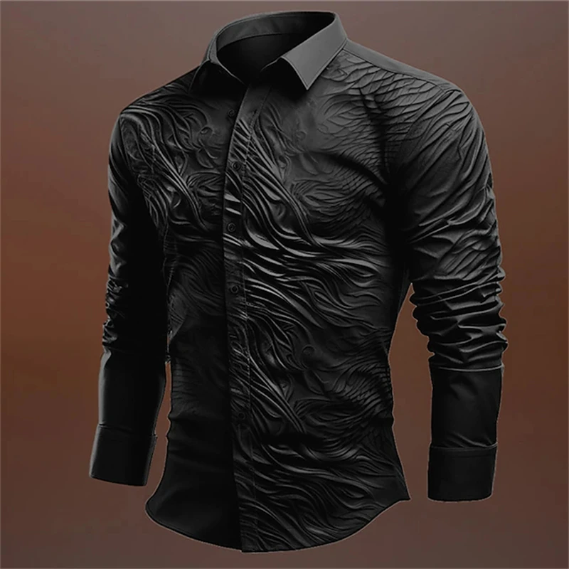 

New Men's Casual Long-Sleeve Collared Shirt 3D Textured Print Fashionable Loose-Fit Comfort Shirt Mens Plus Size Long-Sleeve 5XL