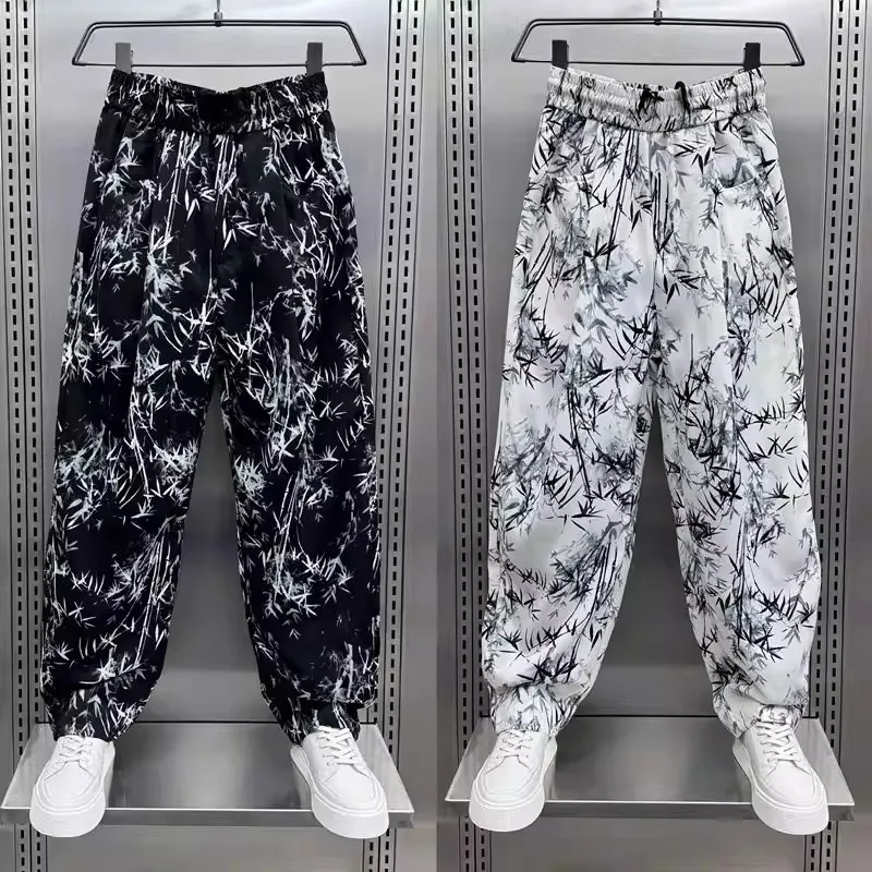 Summer Large Size 300 Pounds Hong Kong Style Retro Ice Silk Wide Leg Pants Casual Loose Straight Tube Long Pants Men's Print