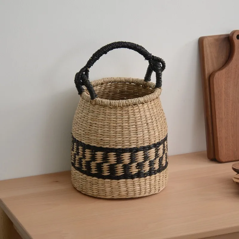 Cesta de almacenamiento de algas marinas, bolsa tejida hecha a mano para refrigerios, frutas, comestibles, picnic, organización para acampar, contenedor multiusos de fibra natural