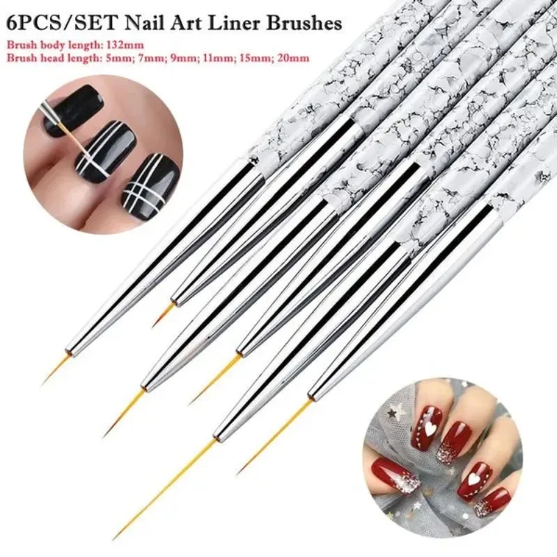 6PCS/SET Nail Art Liner Brushes White Marble Pattern French Stripe Painting Brush