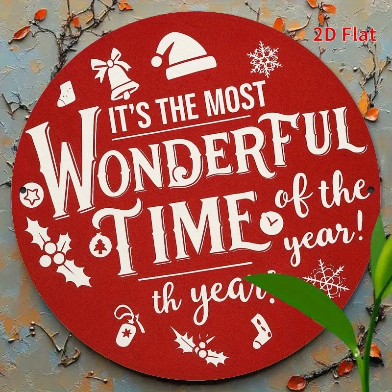 لوحة فنية جدارية معدنية مسطحة، احتفالية "إنه أروع وقتًا لهذا العام" - علامة حديدية مستديرة مقاس 19.81 سم مع رقاقات الثلج والزنجبيل #4