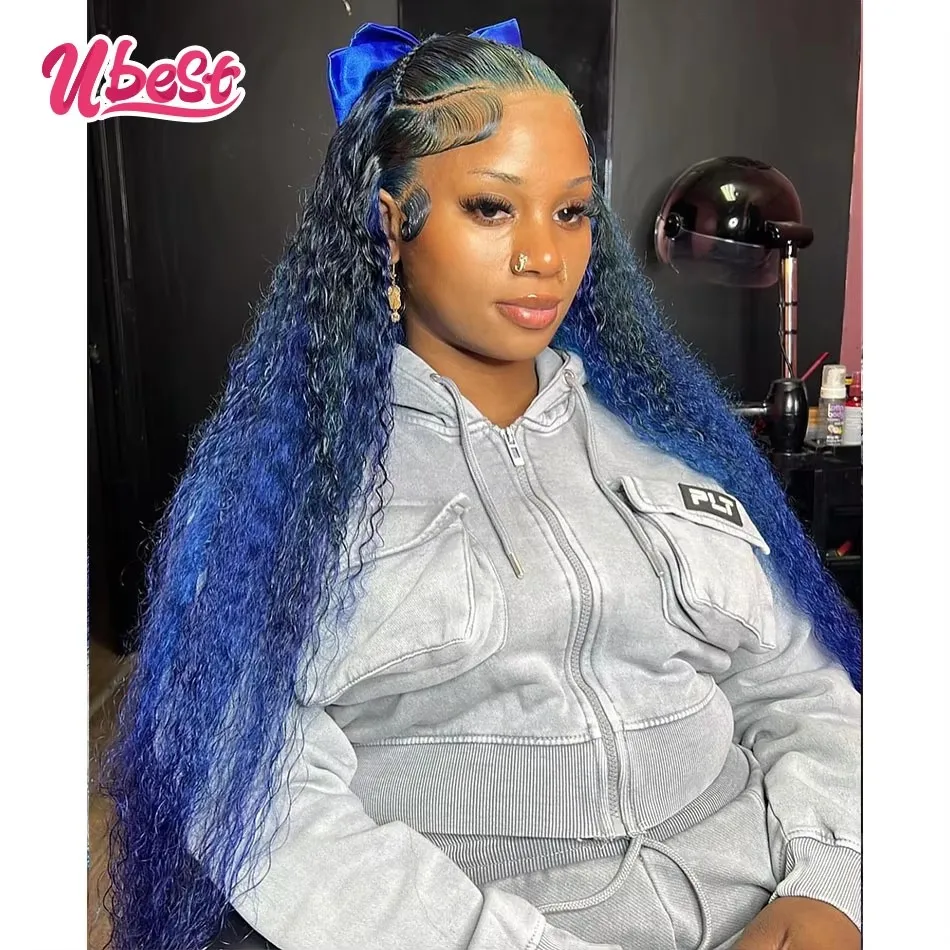 

Ubest 13X6 Transparent Lace Front Wigs Curly Water Wave 100％ Human Hair Ombre 1B Blue Colored 5X5 Lace Wig Pre Plucked For Women