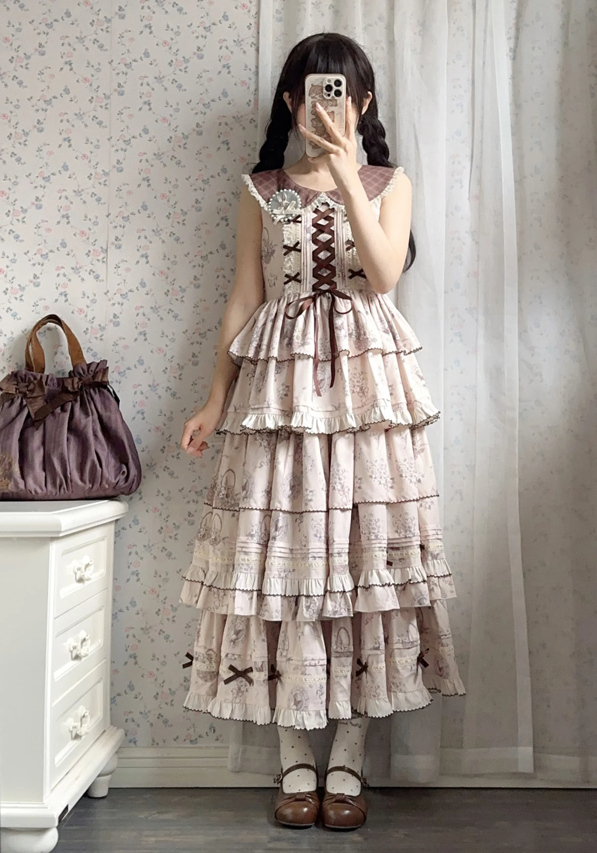 빈티지 인형 칼라 민소매 롱 드레스 여성용 우아한 레이어드 러플 엣지 데일리 로리타 드레스 세트 가을 코트 + 드레스