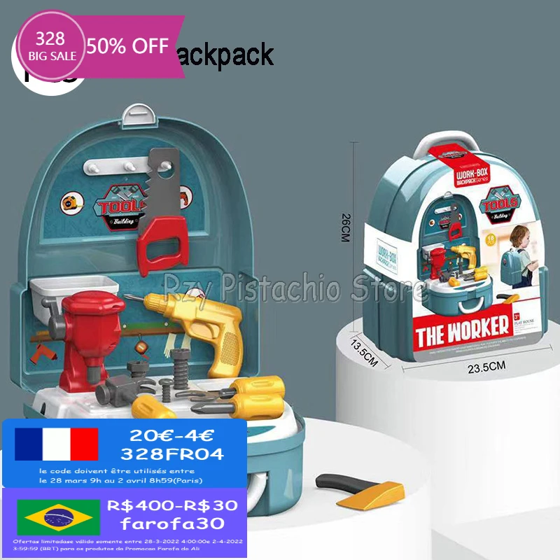 Children Toolbox Engineer Simulation Repair Tools Backpack Toy Adjustable Straps Pretend Play House Toys for Boys Girls Gift Kit