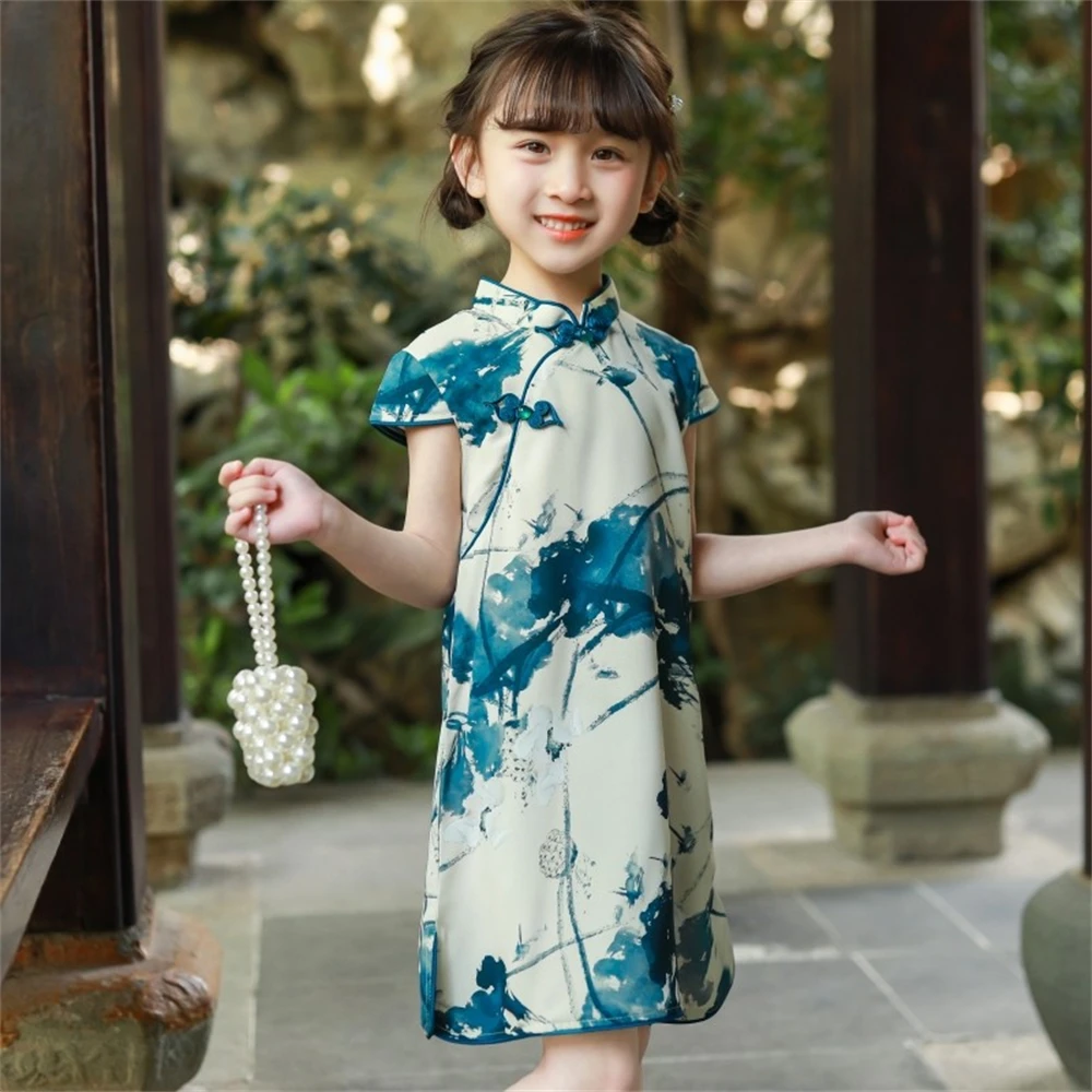 

Children Tang Suit Spring Summer Girls' Chinese Ancient Style Ink Printed Hanfu Toddler Chic Princess Dress Daily Thin Cheongsam